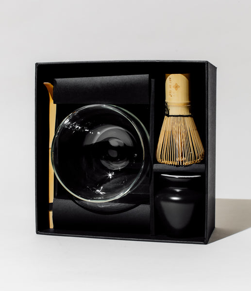 Matcha Making Kit - Bamboo Whisk (Chasen), Holder, Scoop & Spoon - Traditional Black Set